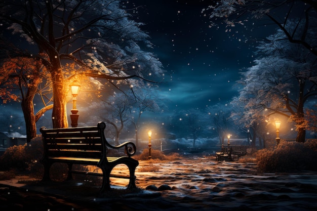 Rue de neige de nuit avec des lumières Parc de scène de soirée froide Generative AI
