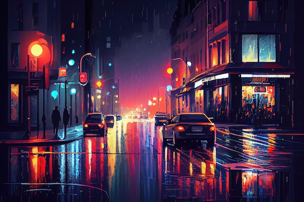 Rue nocturne de la ville avec une variété de lumières et de reflets colorés