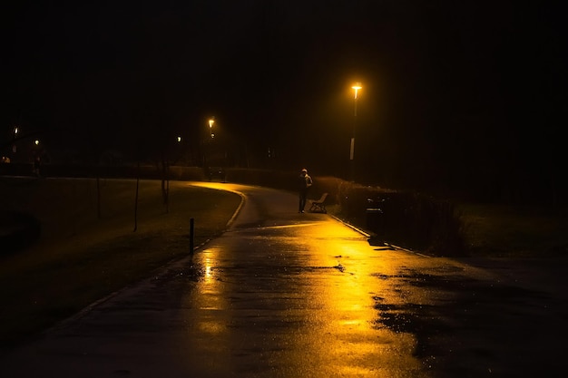 Rue la nuit une lanterne jaune est sur un homme se tient au loin