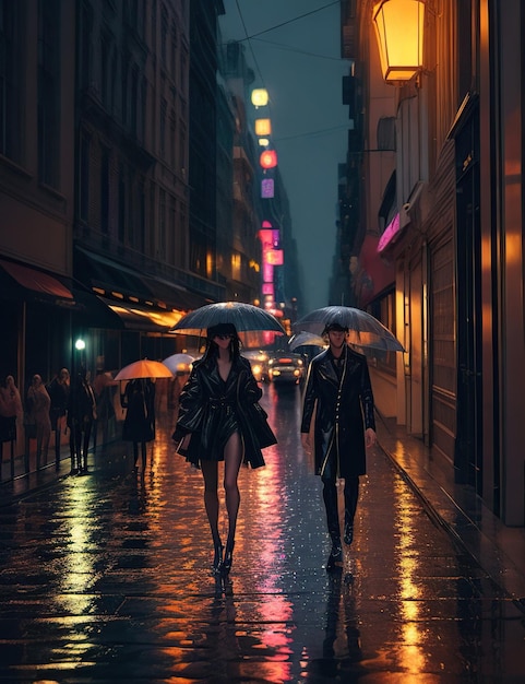 Rue la nuit avec des panneaux de néon de style rétro avec un modèle sur une passerelle extérieure