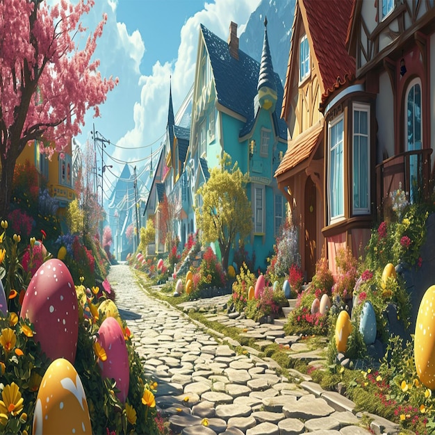 Photo une rue avec des œufs de pâques et des fleurs en arrière-plan