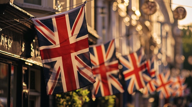 Une rue ornée de bannières de l'Union Jack en prévision des fêtes nationales.