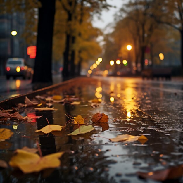 Une rue où les feuilles d'automne sont tombées