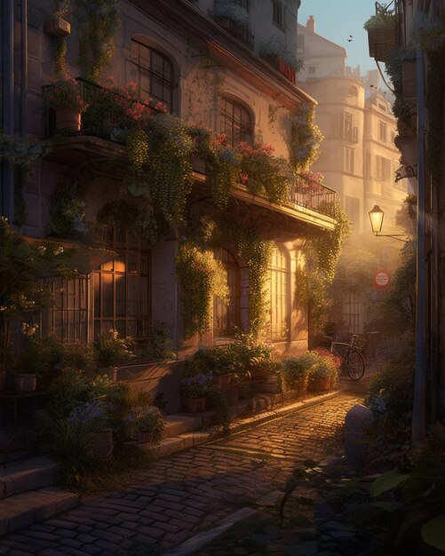 Une rue de paris avec une maison et des fleurs