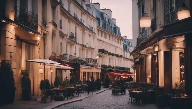 Photo une rue parisienne élégante avec des cafés charmants, des boutiques élégantes et une architecture emblématique.