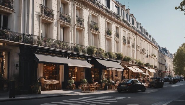 Une rue parisienne élégante avec des cafés charmants, des boutiques élégantes et une architecture emblématique.