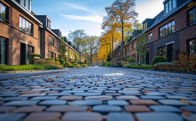 Une rue pavée à l'automne