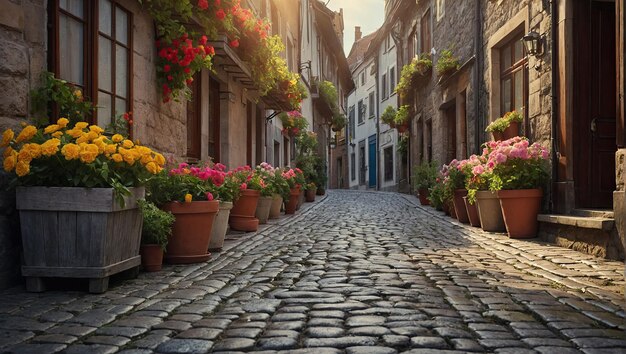 une rue pavée bordée de fleurs en pot