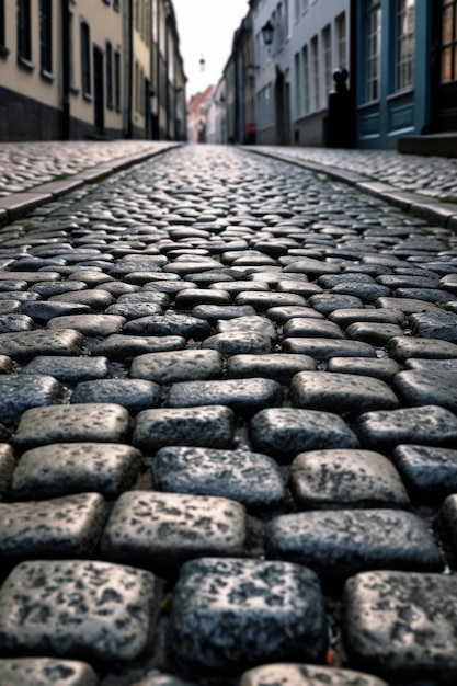 Une rue pavée avec un chemin de pierre au milieu.