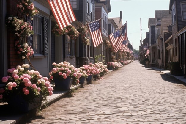 Une rue pavée avec des drapeaux et une rue en brique