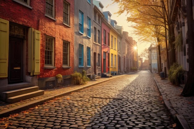 Photo une rue pavée éclairée par le soleil avec des maisons colorées créées avec l'ai générative