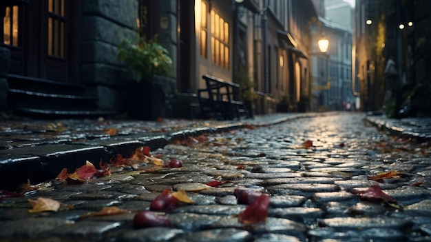 une rue pavée la nuit avec des feuilles au sol