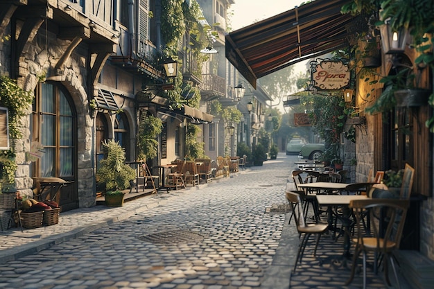 Une rue pavée pittoresque bordée d'un charmant café