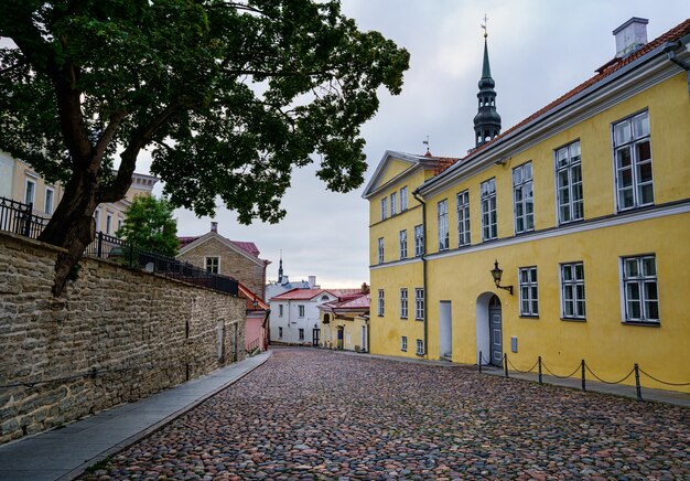 Photo rue pavée de la ville de tallinn au lever du soleil. estonie.