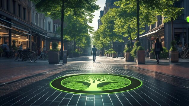 Rue piétonne avec un symbole écologique vert