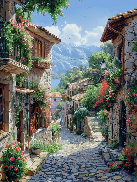 Une rue pittoresque du village avec des pavés et des balcons en fleurs