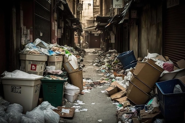 Rue pleine d'ordures débordantes et d'emballages entassés