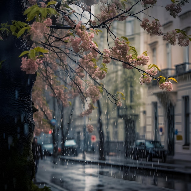 Une rue pluvieuse avec un arbre avec des fleurs roses dessus