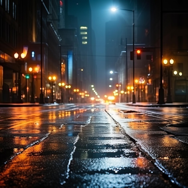 Une rue pluvieuse avec des gratte-ciel la nuit.