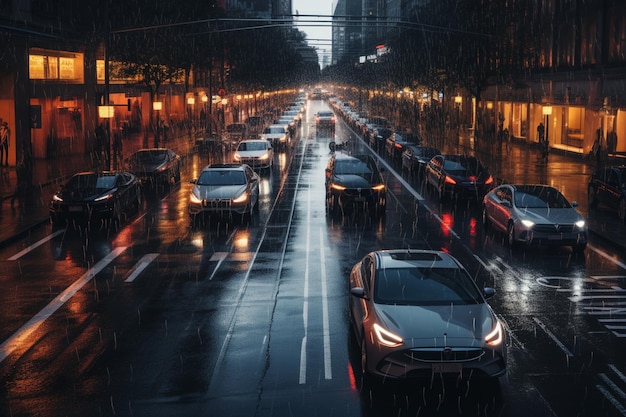 Une rue pluvieuse avec des voitures dessus et le mot "drive" en haut.