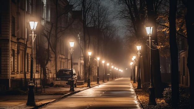 Une rue avec une rangée de lampadaires générative ai