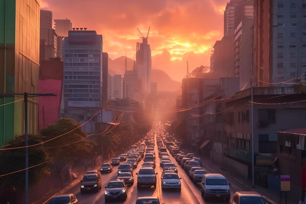 une rue remplie de beaucoup de circulation à côté d'un grand bâtiment photo de coucher de soleil