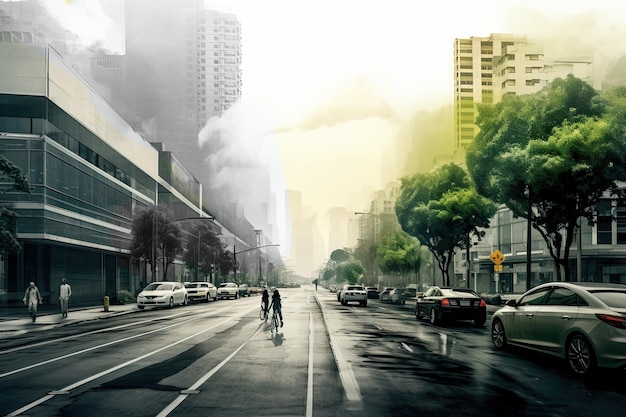 Une rue remplie de smog contre une image conceptuelle verte