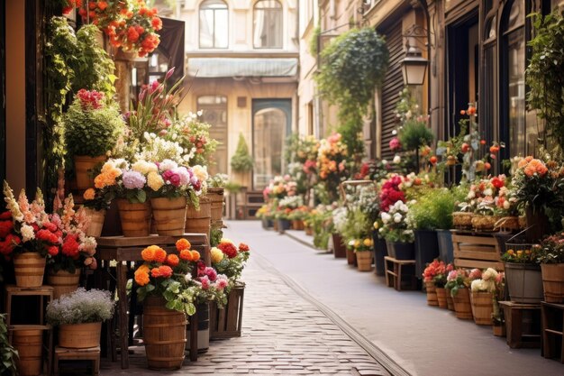 Une rue résidentielle remplie de plantes en pot