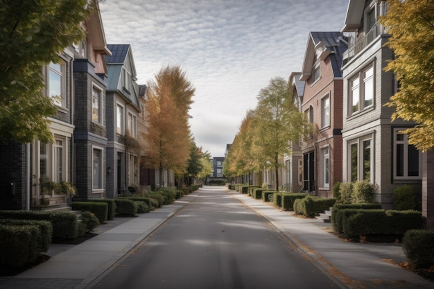 Rue résidentielle tranquille avec des maisons alignées en parfaite symétrie créées avec une IA générative