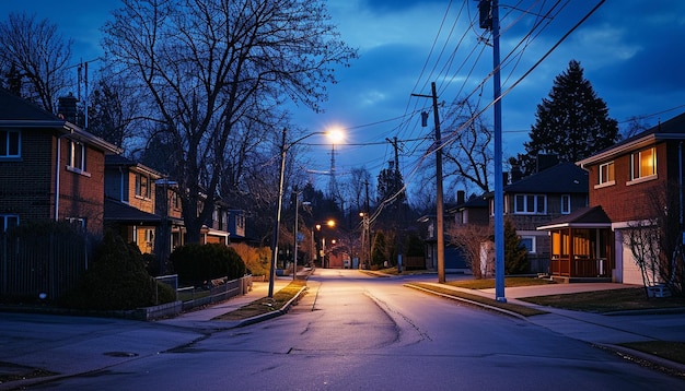 une rue résidentielle tranquille avec des maisons participant à l'Heure de la Terre