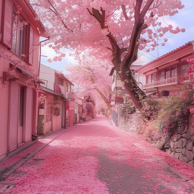 La rue rose bordée de bâtiments et d'arbres à la fleur de cerisier au Japon