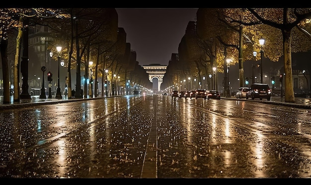 Une rue avec une rue éclairée avec un panneau qui dit