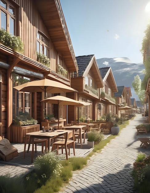 Une rue scandinave sereine avec des maisons en bois et des structures de parasols