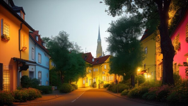 Une rue le soir avec une église en arrière-plan