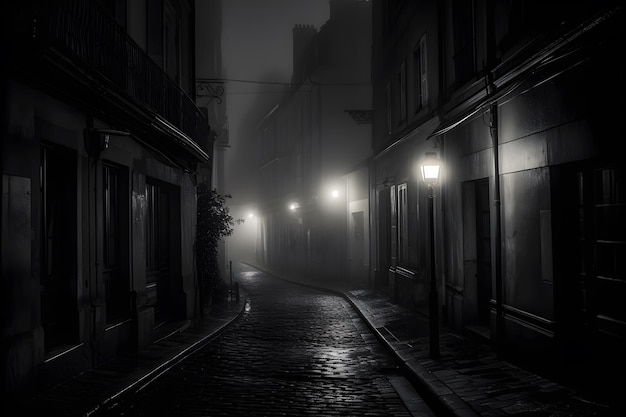 Une rue sombre avec des lumières allumées