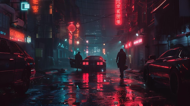 Une rue sombre et pluvieuse dans une ville cyberpunk