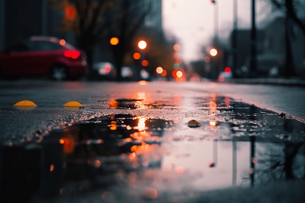 Une rue sous la pluie avec une voiture rouge en arrière-plan.