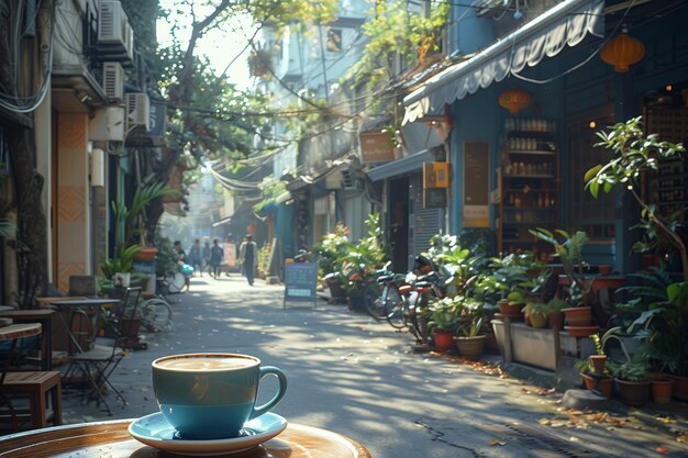 une rue avec une tasse de café et un panneau disant café