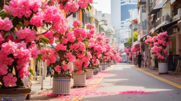 Une rue tranquille bordée de fleurs roses une génération