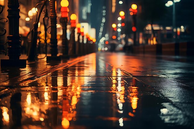 Une rue trempée par la pluie avec des reflets de la circulation