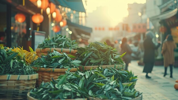 Une rue urbaine avec des paniers remplis de plantes