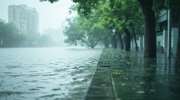 Une rue urbaine trempée submergée par l'eau après de fortes pluies avec des arbres bordant la rue