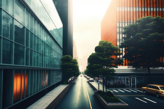 Photo rue urbaine en ville avec des bâtiments modernes et des arbres créés à l'aide de la technologie générative ai