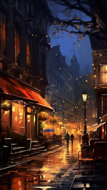 La rue de la vieille ville pleut la nuit rendu 3D