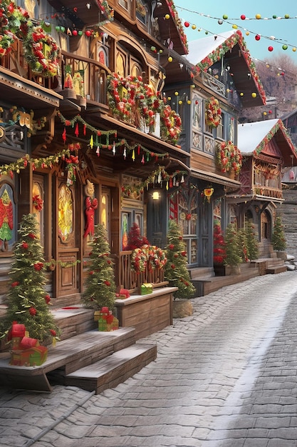 une rue de village roumain pittoresque en 3D avec des maisons ornées de décorations Martisor