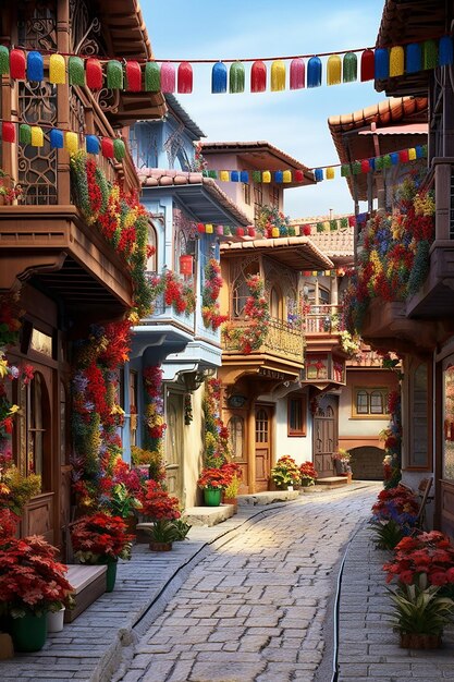 une rue de village roumain pittoresque en 3D avec des maisons ornées de décorations Martisor