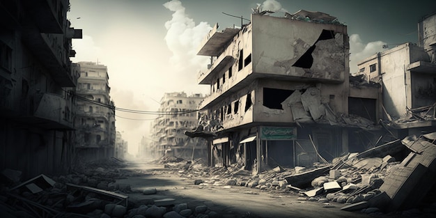 Rue de la ville d'Arafed avec un bâtiment et des décombres en arrière-plan