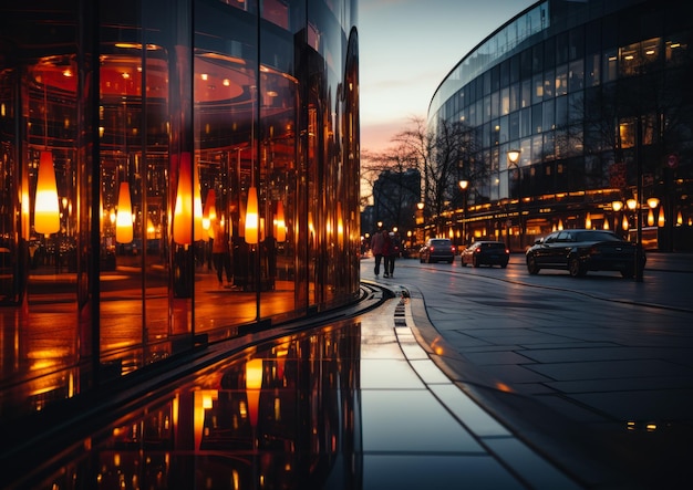 Rue de la ville avec de beaux bâtiments modernes en verre Lumières douces remplissant l'intérieur des bâtiments Generative AI