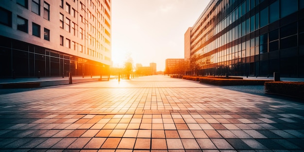 Une rue de la ville avec un coucher de soleil en arrière-plan