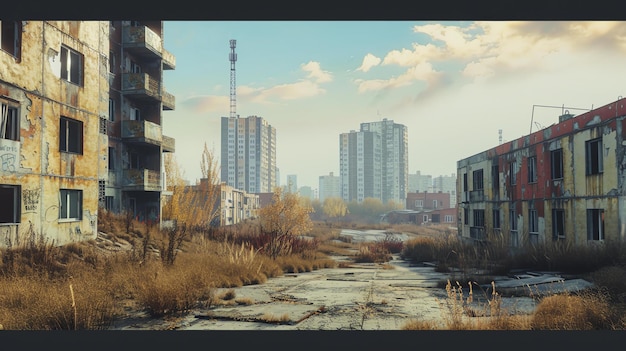 Une rue de la ville débordée et abandonnée avec de hauts bâtiments de chaque côté